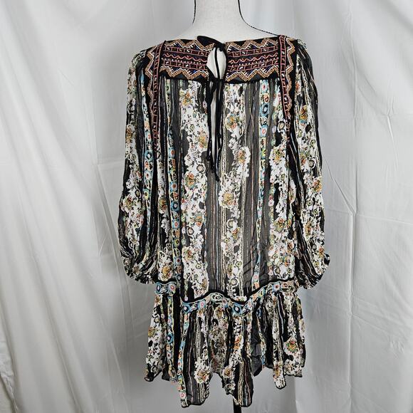 Free People Dress Women Small Black Floral Boho Swing Mini Long Sleeve cottage - Picture 5 of 11